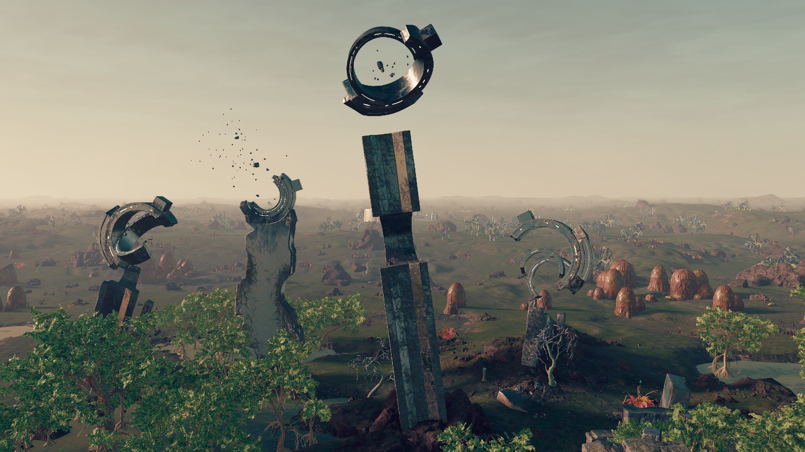 More levitating ancient ruins on a green planet