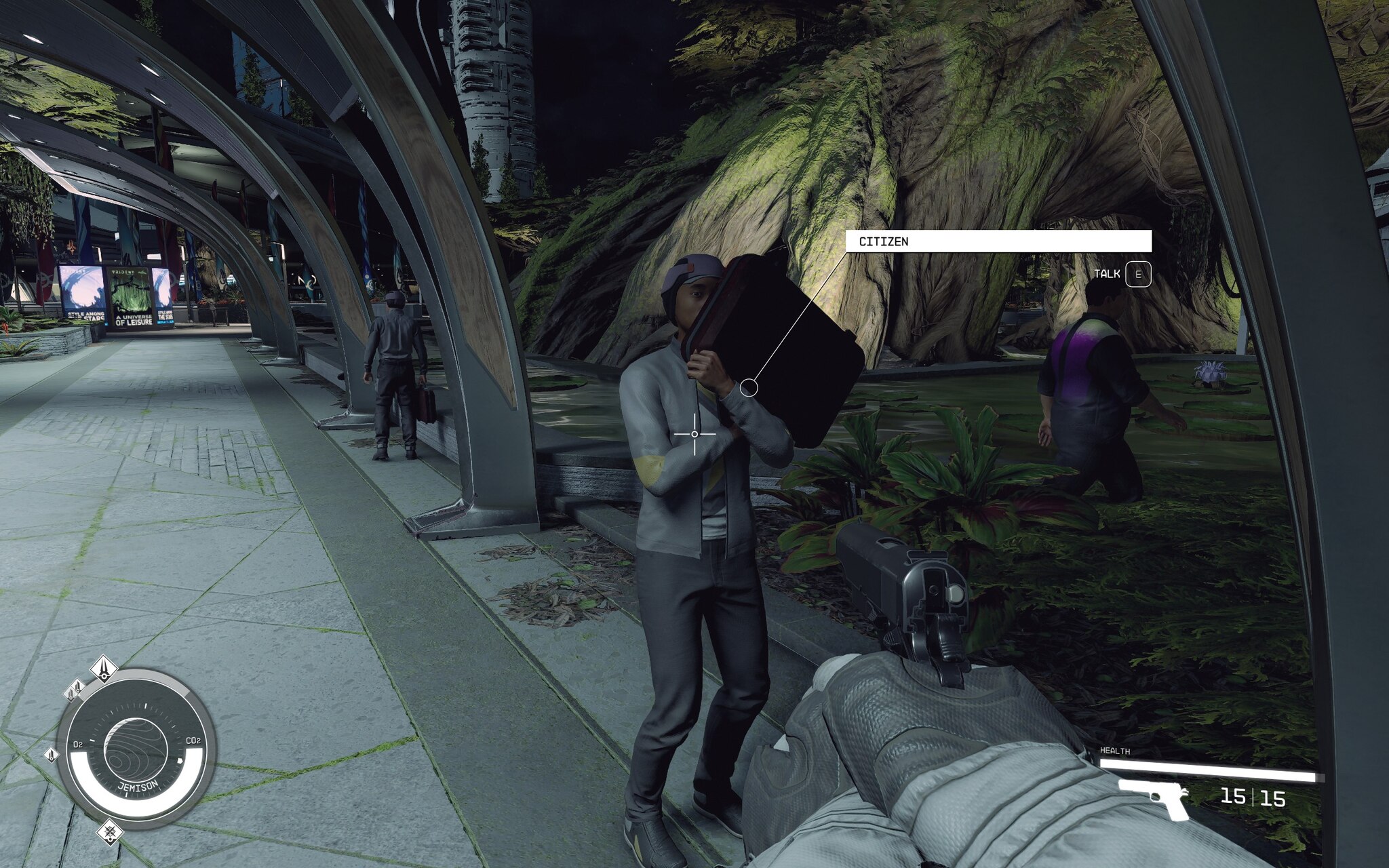 NPC holding a briefcase upwards as if was listening to the insides of the briefcase