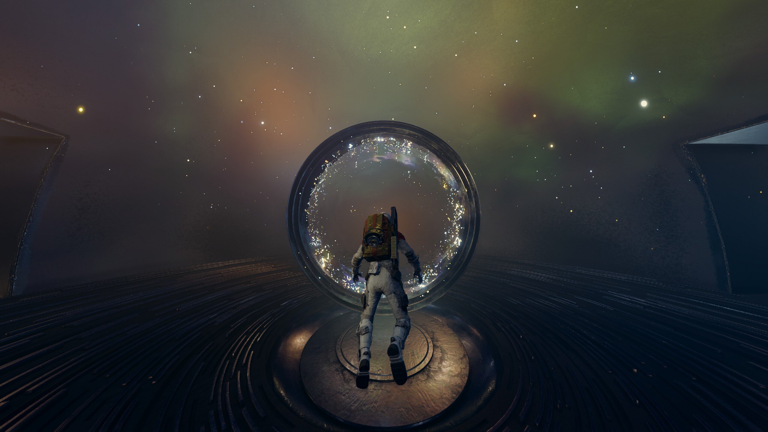 a picture of flattened rings with small differences in diameter levitating inside of each other, aligned to create a portal and a player, floating in front of the portal, ready to enter