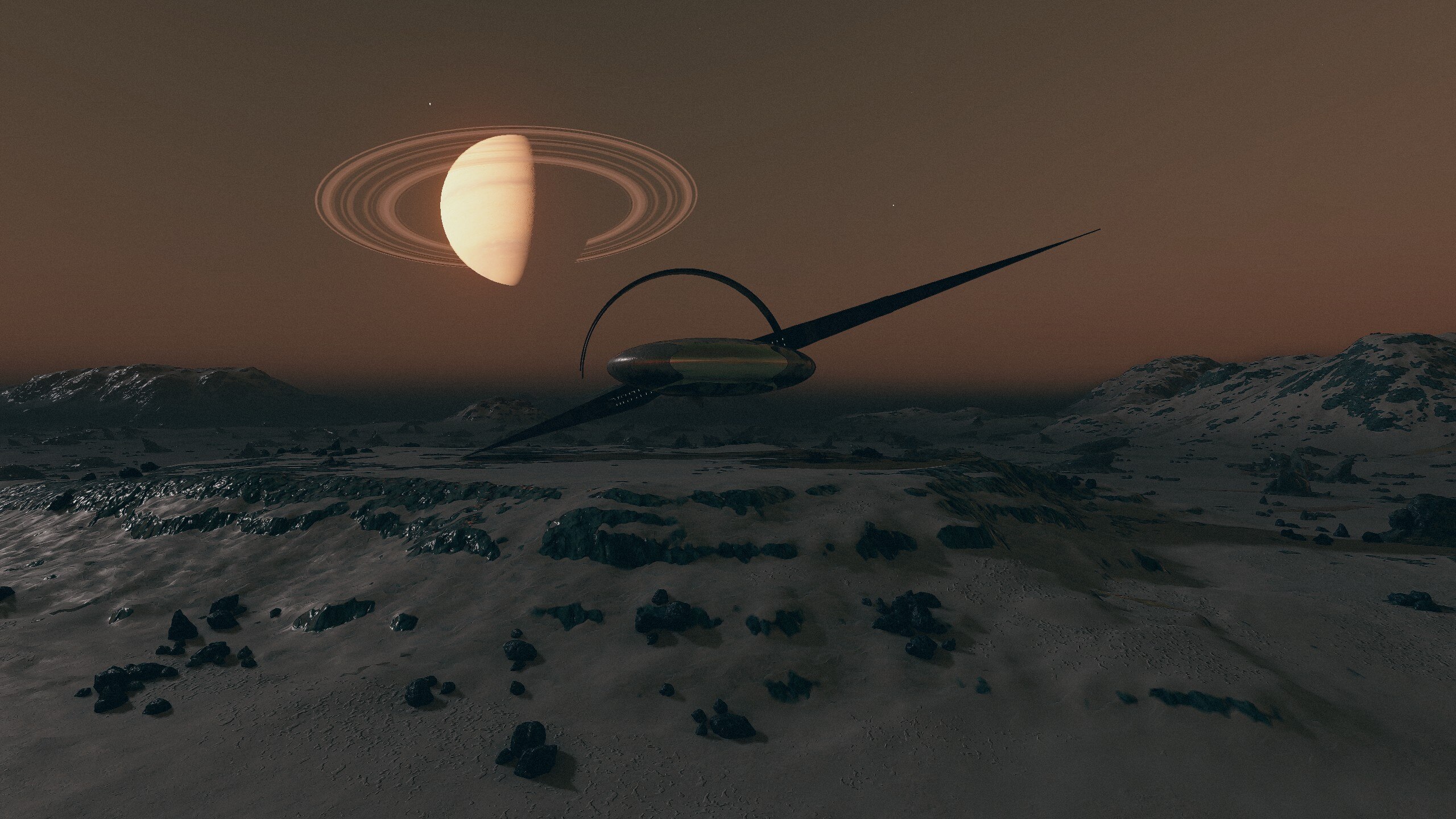 A Starborn Guardian ship on a dim planet with a Saturn-like planet in the background